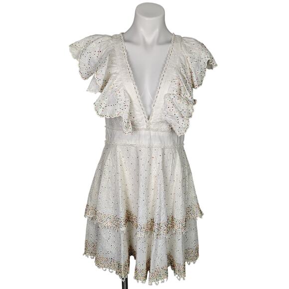 FARM Rio Boho Ivory Eyelet Lace Patch Beaded Tiered Mini Dress Size Medium - Picture 2 of 15